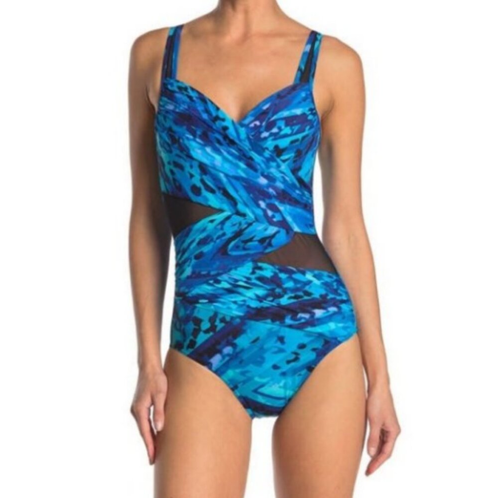 Miraclesuit Madero Underwire Mesh Panels Ocean Blue One Piece Swimsuit Size 8